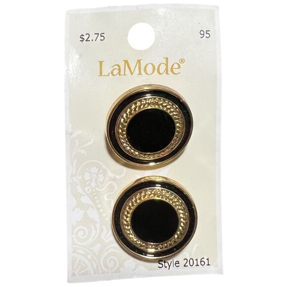 Black and Gold Shank Buttons Set of 2 La Mode 1 Inch 25mm - Picture 1 of 3
